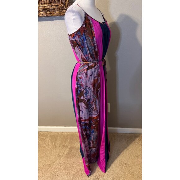 Ella Moss Silk Maxi Dress M Medium Tiered Sleeveless Flowy Pinks Purples Belted - Picture 6 of 15